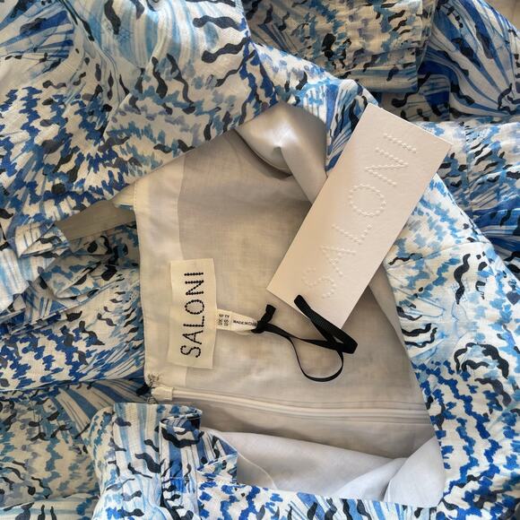 NWT SALONI Rachel-D Mini Dress Neptune Azure Size 2 Blue White Linen Puff Sleeve - Picture 16 of 16